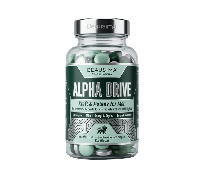 Alpha Drive produktförpackning i mynta och silver